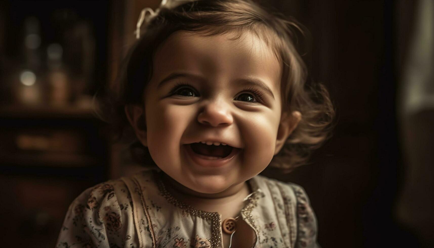 Cute child smiling with happiness, cheerful portrait indoors, childhood joy generated by AI photo