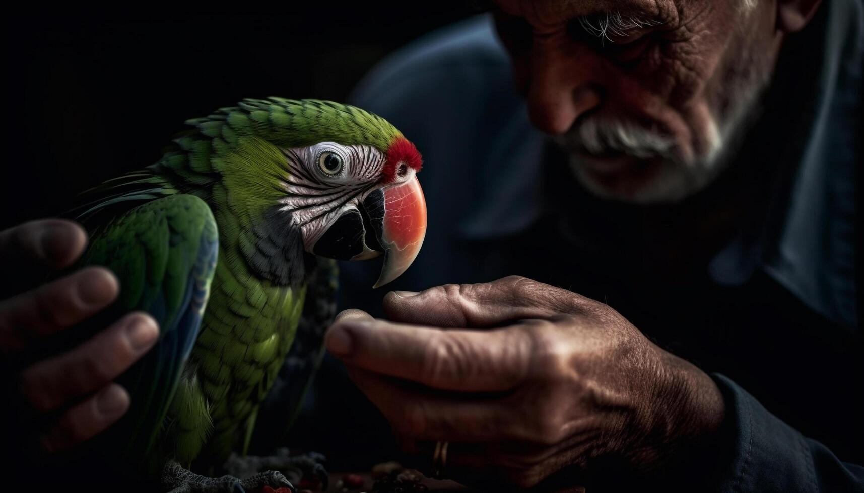 adulto masculino participación vibrante guacamayo, mirando a cámara en bosque generado por ai foto