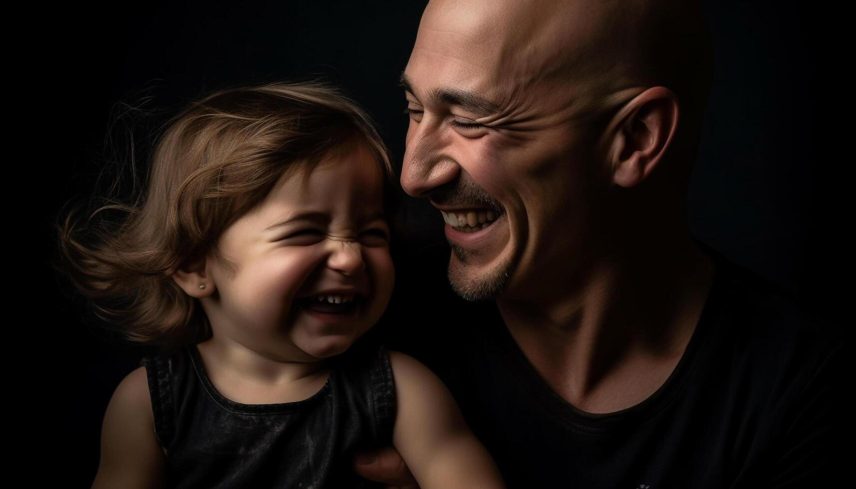 Family smiling, child happiness, father love, cheerful portrait, bonding joy generated by AI photo