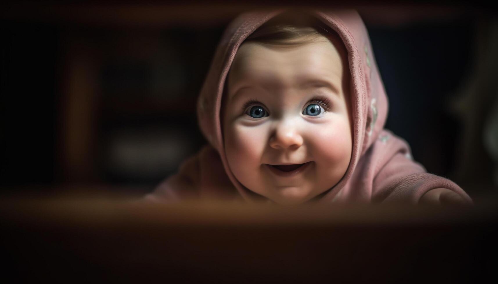 Cute baby boy smiling for portrait, bringing happiness indoors at night generated by AI photo