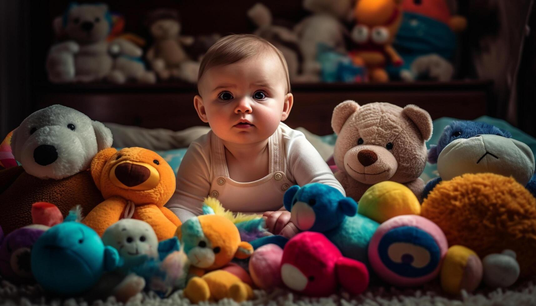 linda niño jugando con un suave juguete osito de peluche oso adentro generado por ai foto