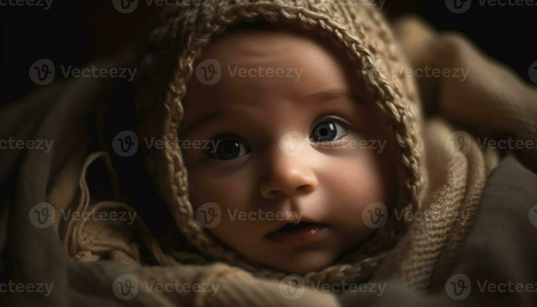 Cute baby boy portrait, close up of innocent face smiling happily generated by AI photo