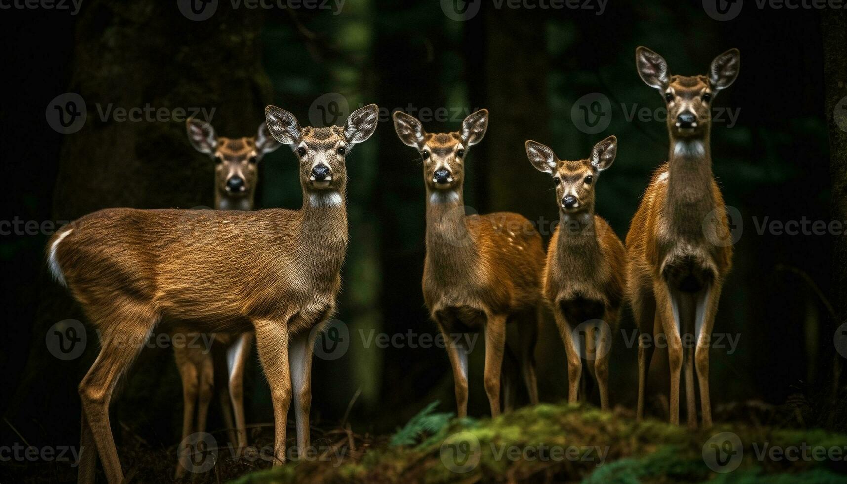 Group of cute deer standing in a meadow, looking at camera generated by AI photo