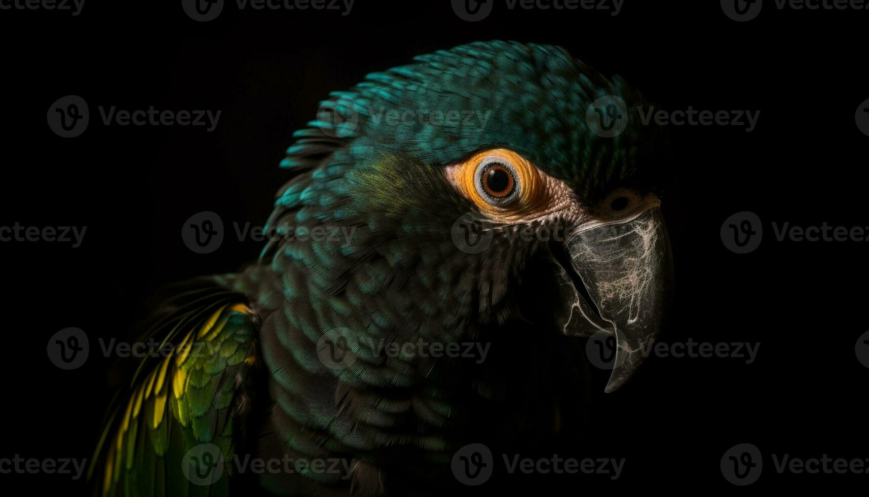 Vibrant macaw perching on branch, looking at camera in rainforest generated by AI photo