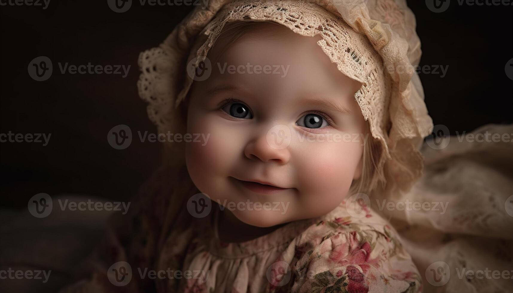 Smiling baby girl, portrait of innocence and beauty, close up happiness generated by AI photo