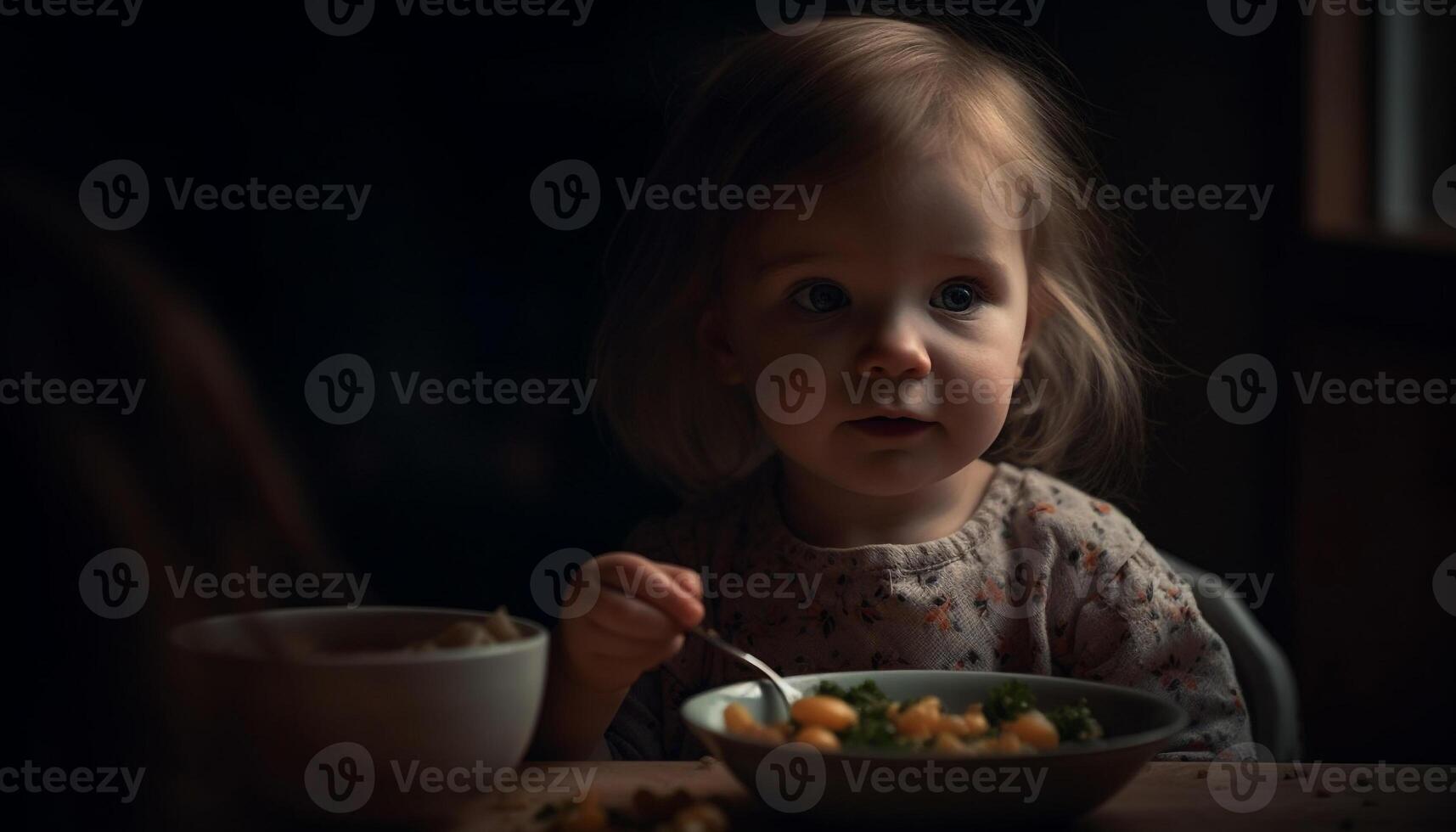 Cute Caucasian baby girl enjoying healthy meal at home kitchen table generated by AI photo