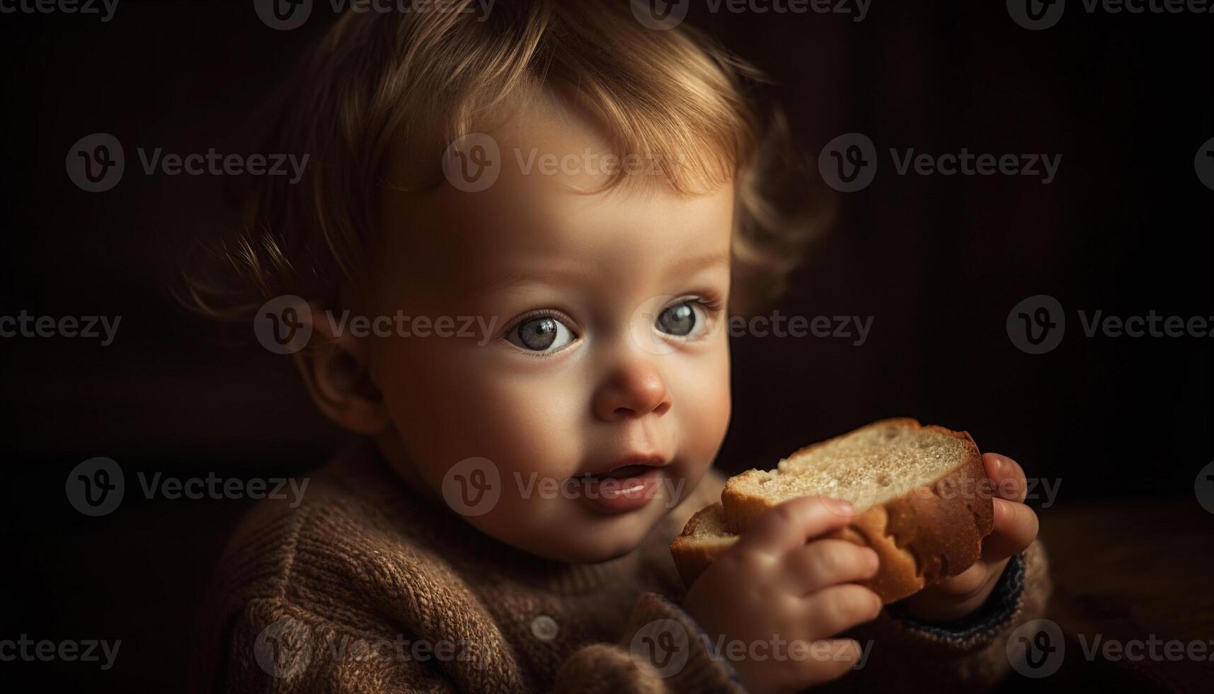 Cute Caucasian toddler boy eating bread, smiling at camera indoors generated by AI photo