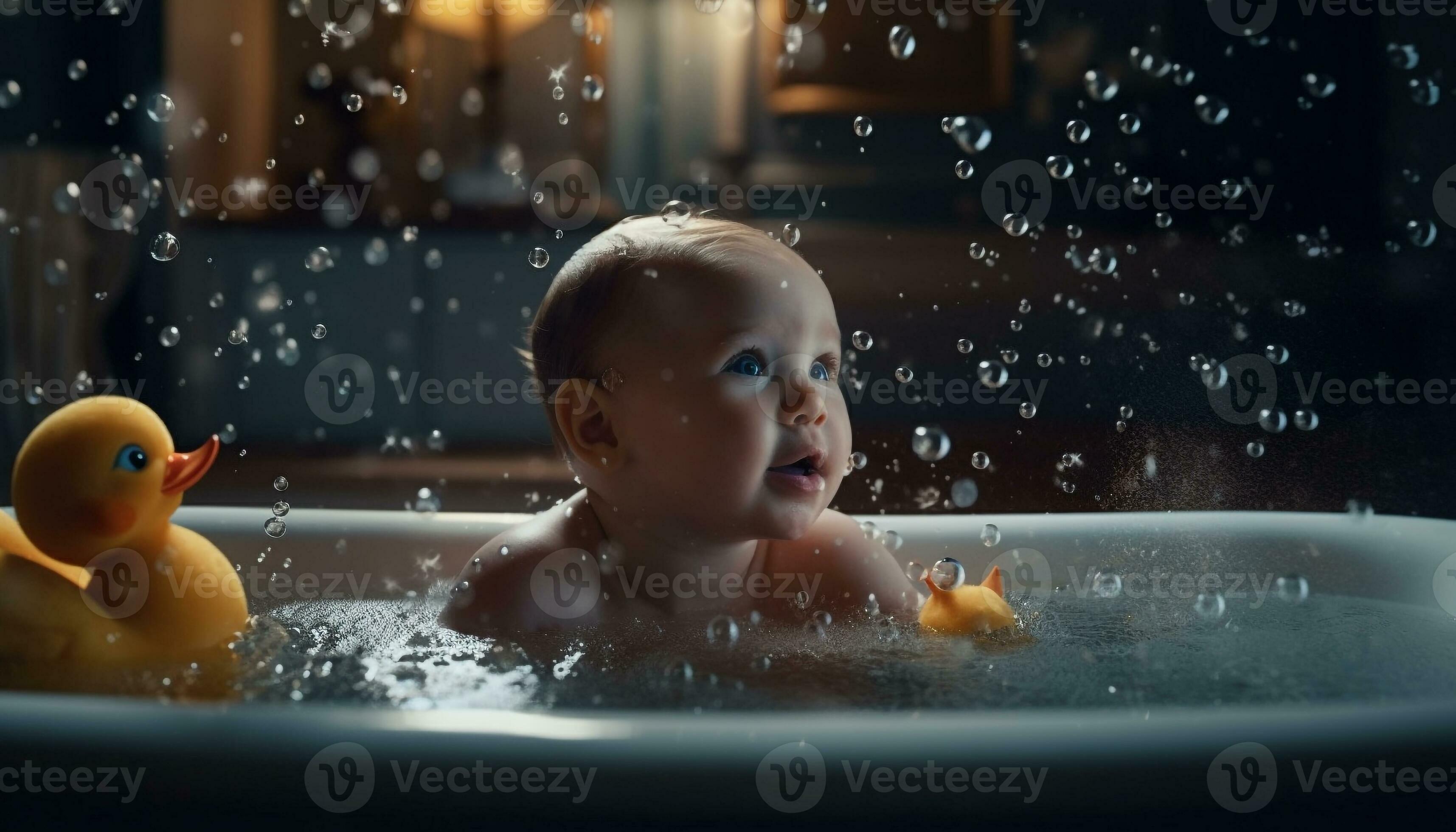 Cute Caucasian toddler enjoying bubble bath in domestic bathroom