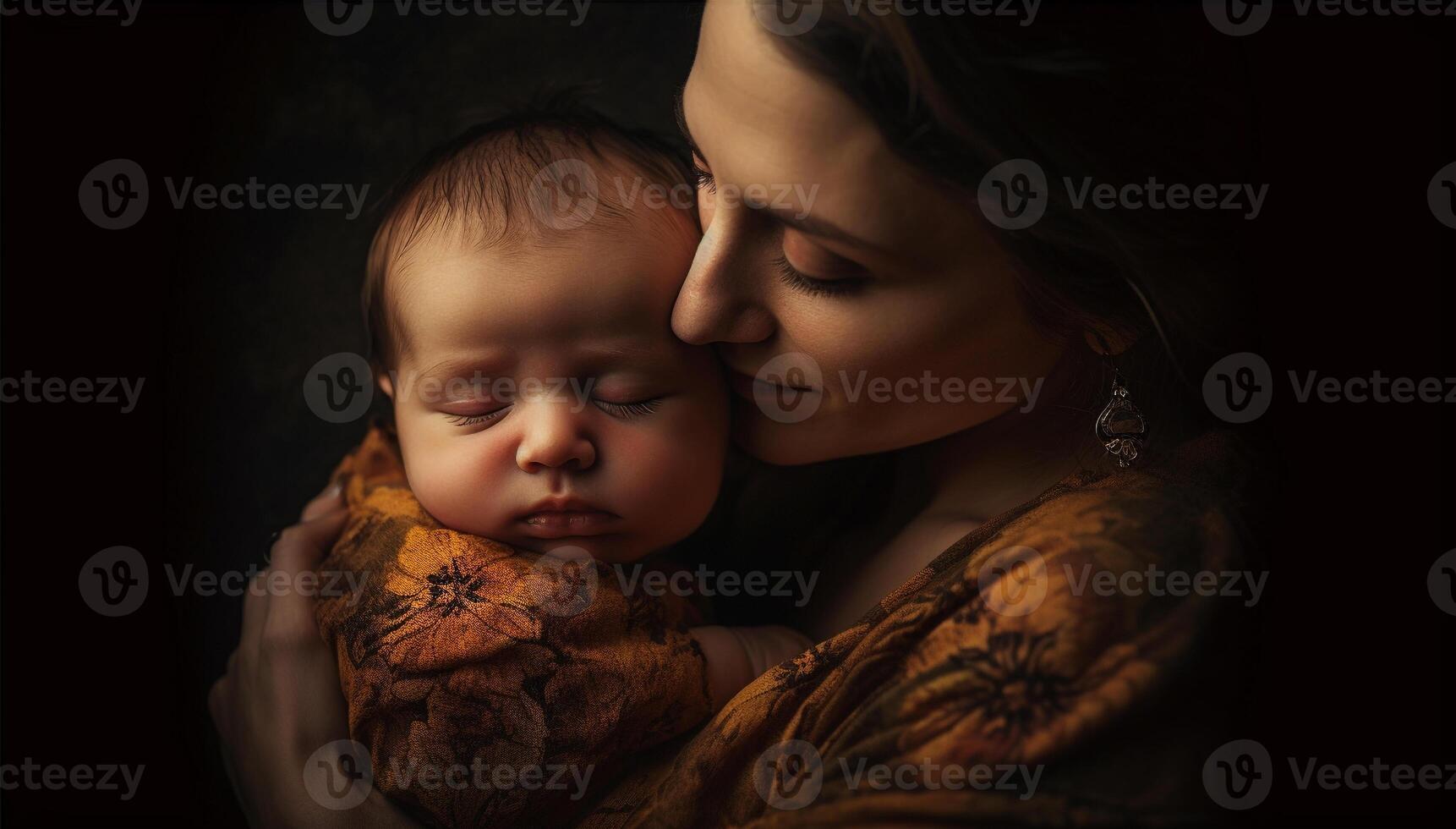 Serene mother embracing newborn daughter, a portrait of innocence and love generated by AI photo