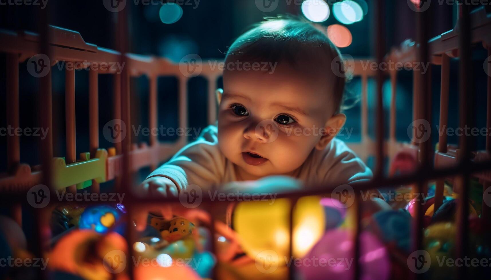 Cute baby boy playing happily in his illuminated crib at night generated by AI photo