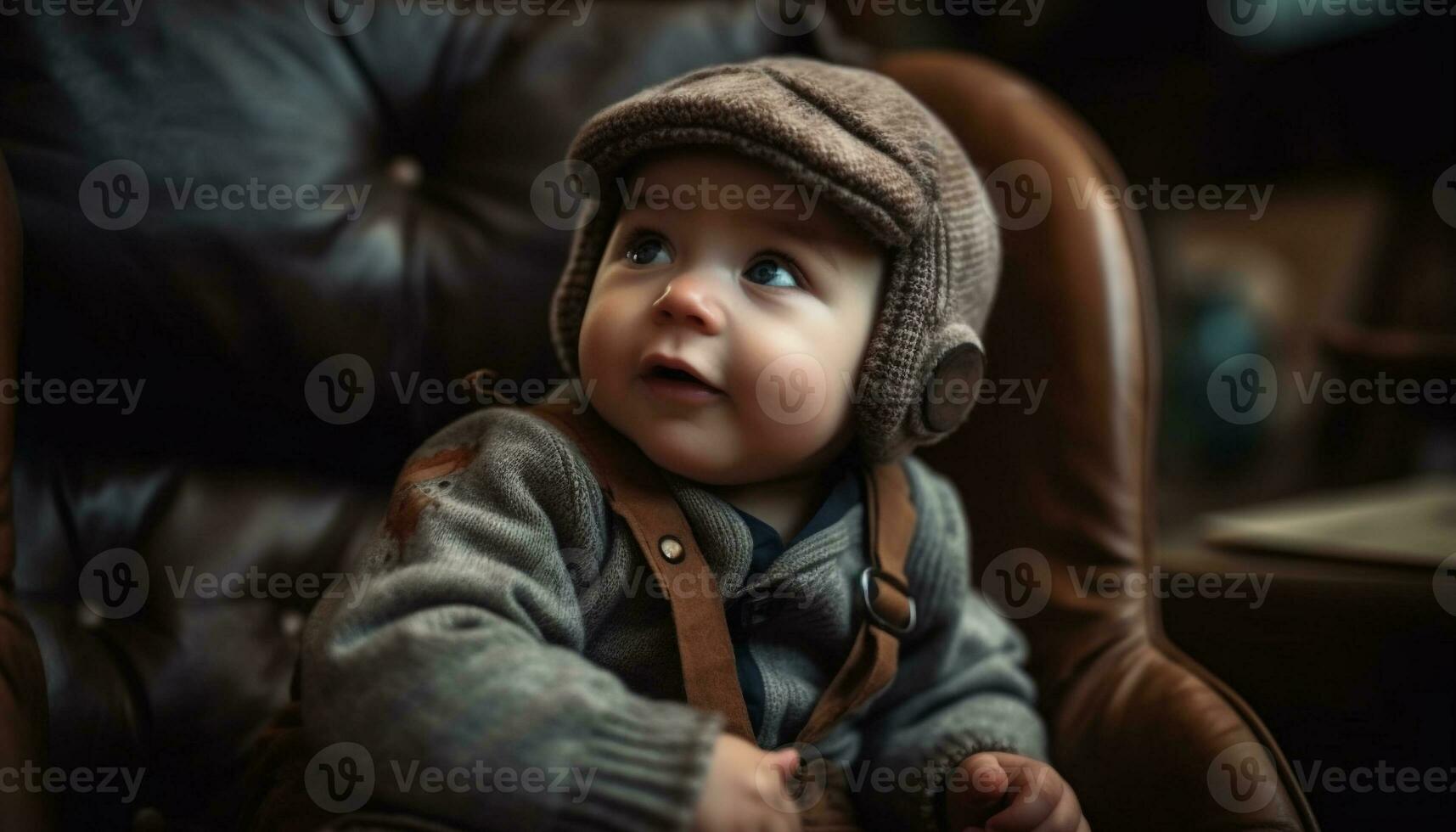 linda bebé chico sentado en sofá, sonriente para retrato adentro generado por ai foto