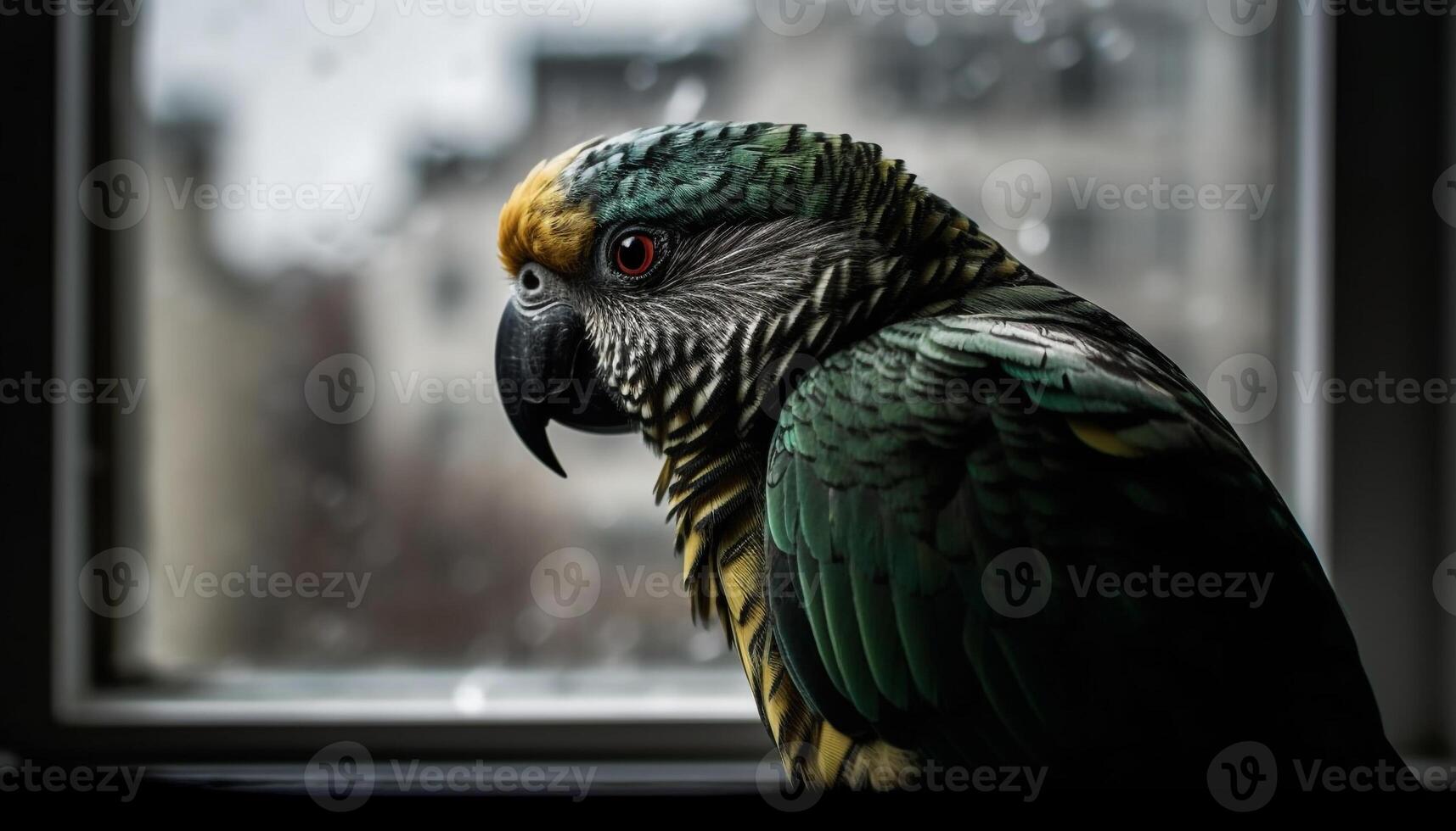 Multi colored bird of prey perching on branch, looking at camera generated by AI photo