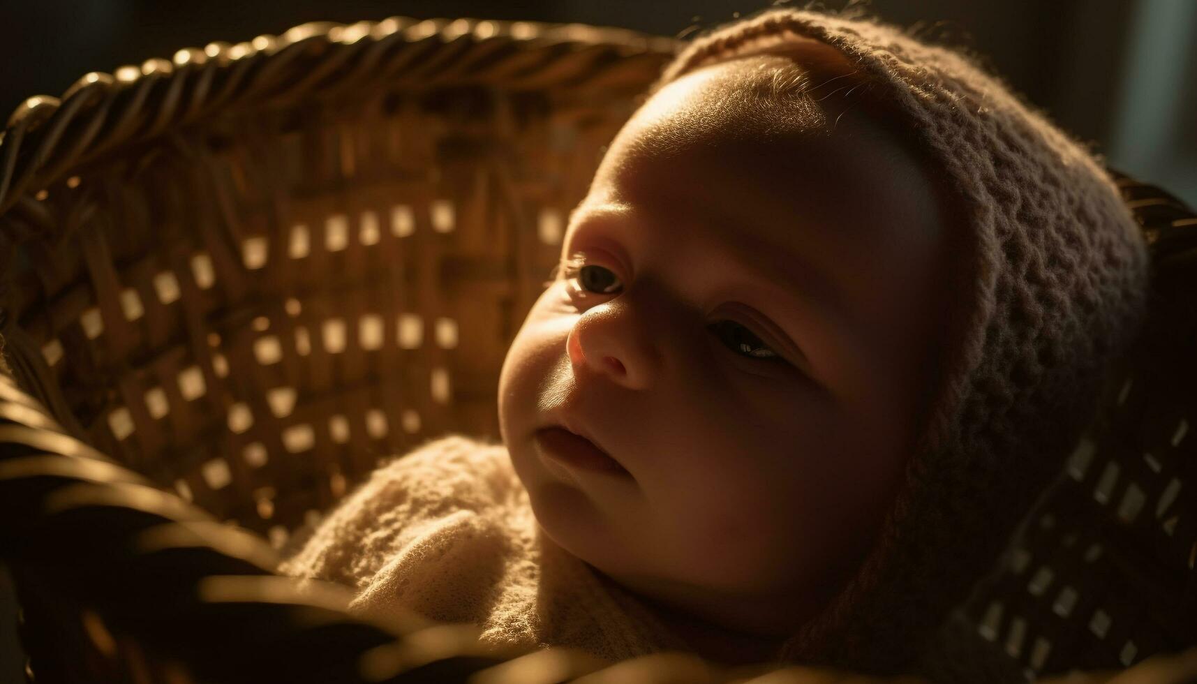linda bebé chico sonriente en retrato, jugando al aire libre con cesta generado por ai foto