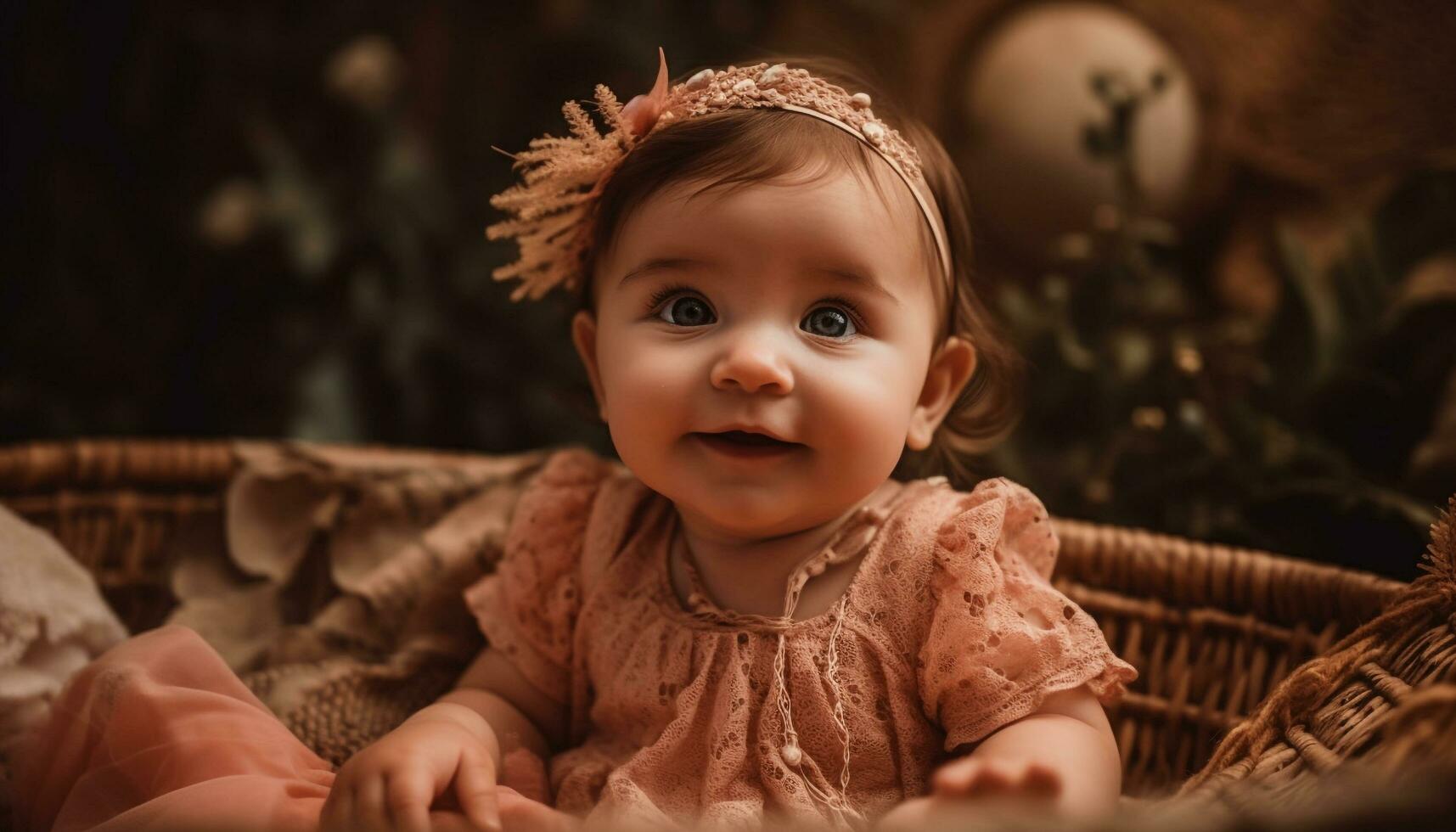 linda bebé niña sonriente, lleno de felicidad y inocencia al aire libre generado por ai foto
