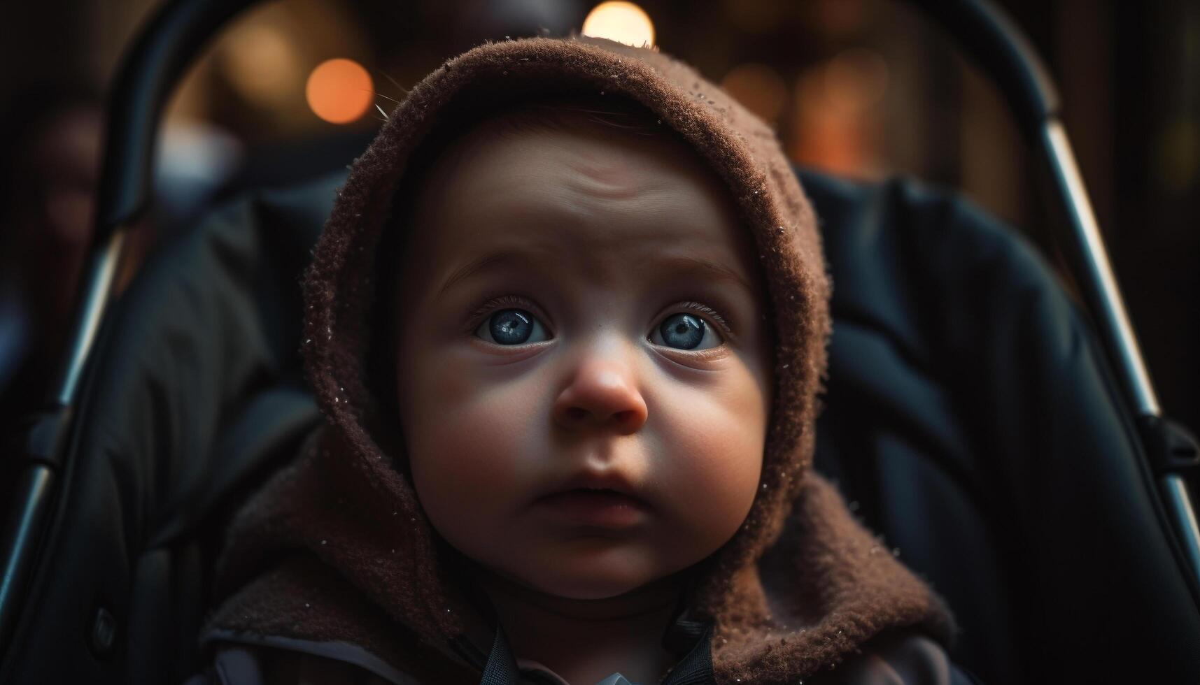 Cute Caucasian toddler smiling in warm clothing outdoors during autumn generated by AI photo