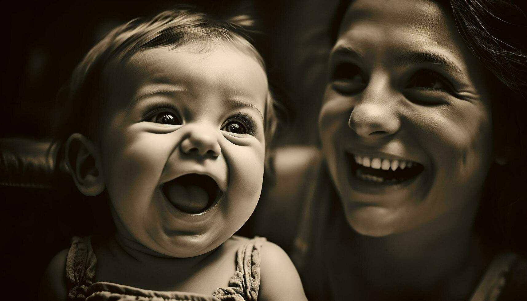 Cute smiling child in black and white portrait with family outdoors generated by AI photo