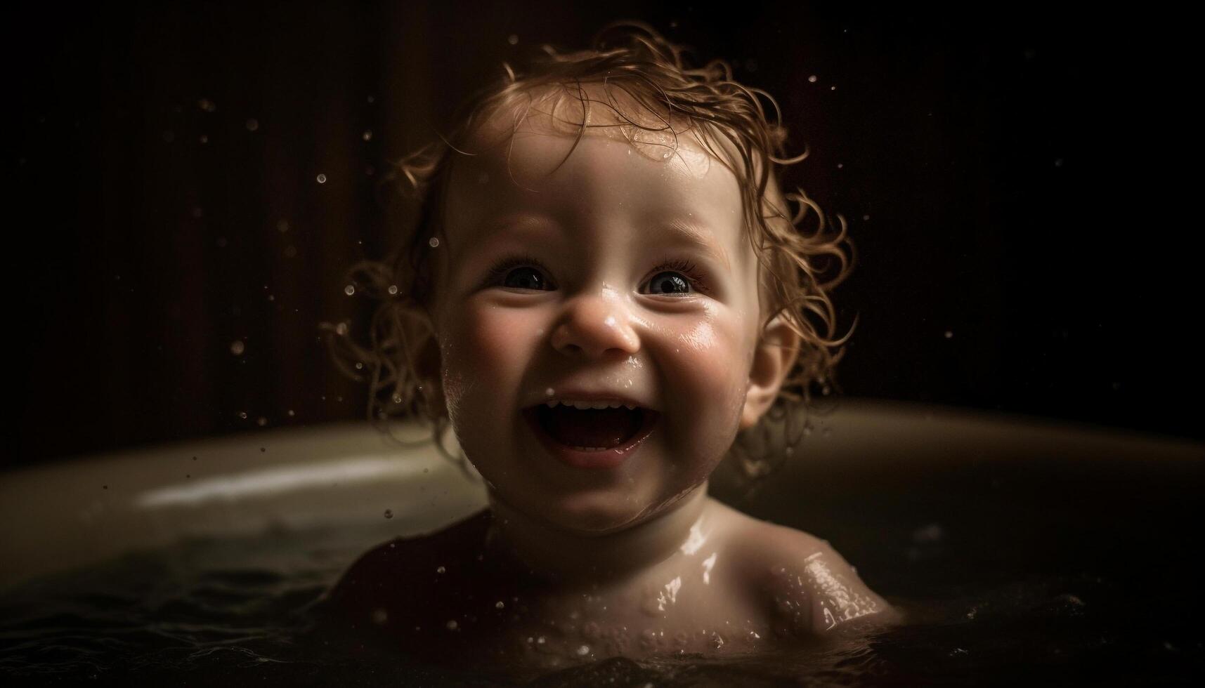 linda caucásico niñito disfrutando burbuja baño, sonriente y salpicaduras agua generado por ai foto