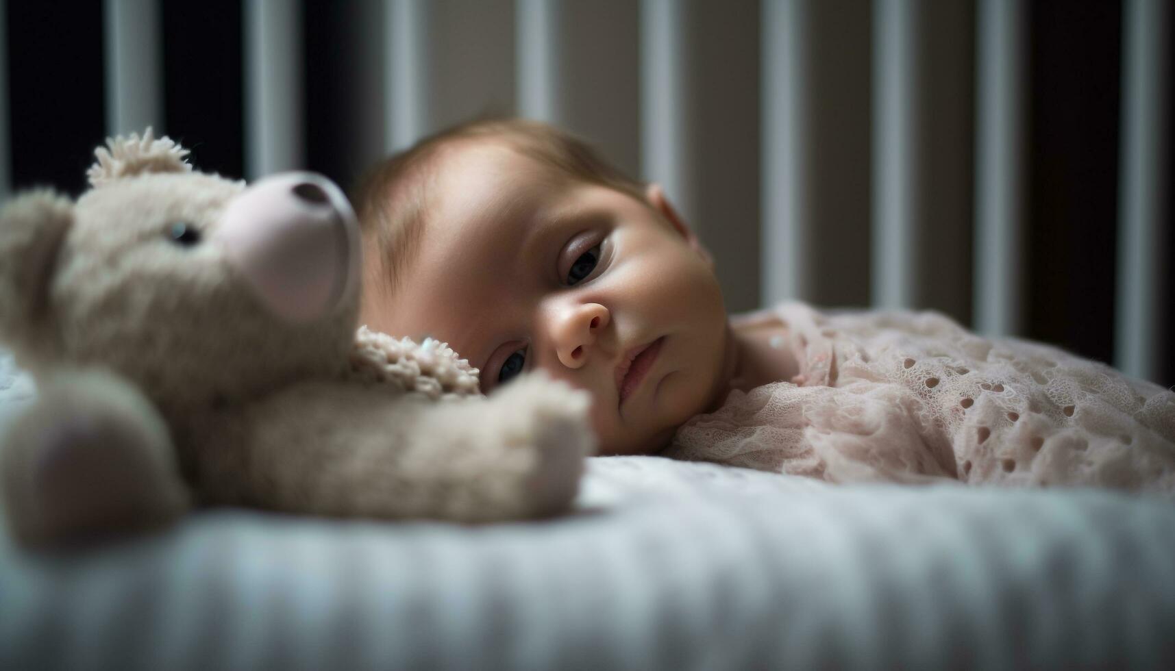 linda caucásico bebé niña jugando con osito de peluche oso en dormitorio generado por ai foto