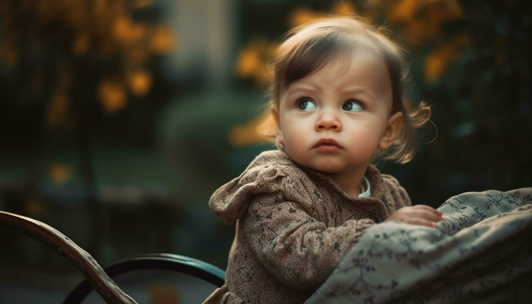 linda bebé niña sentado en naturaleza, disfrutando nuevo vida al aire libre generado por ai foto