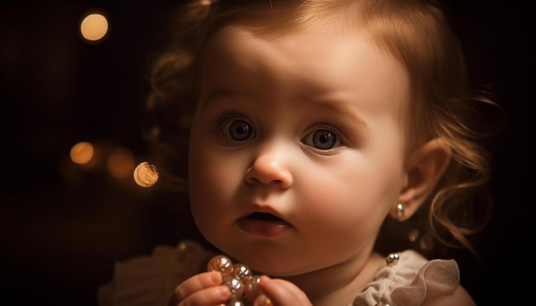 Cute Caucasian baby girl looking at camera with innocence and joy generated by AI photo