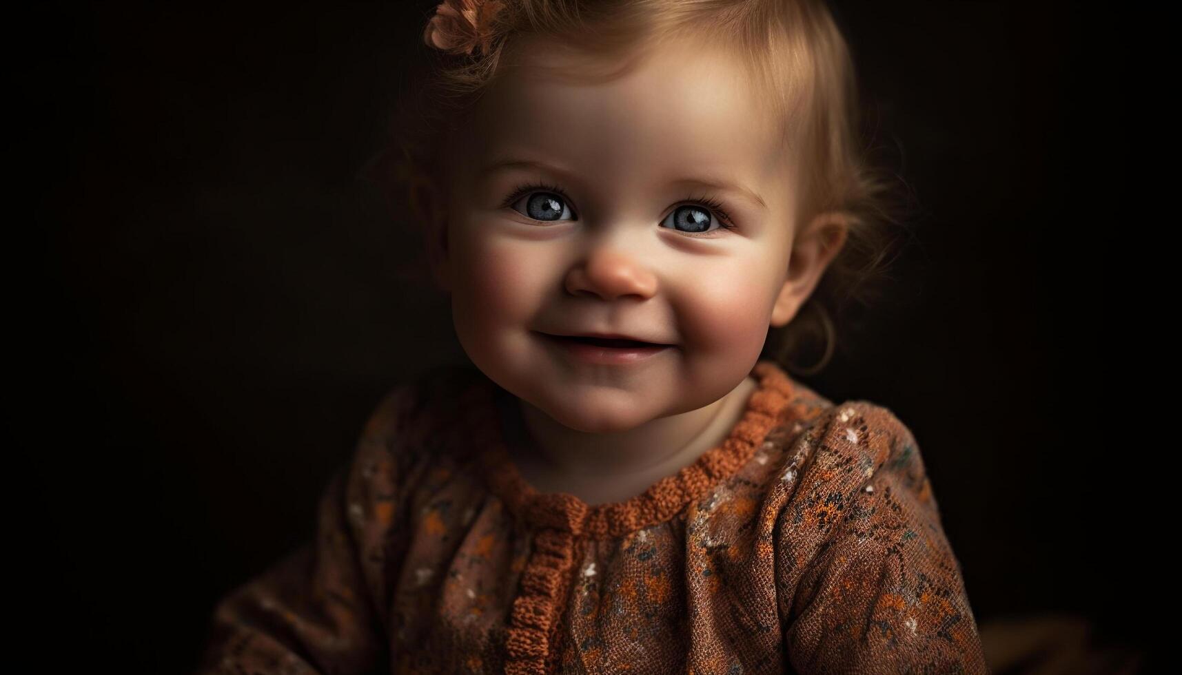 Cute smiling child, portrait of cheerful Caucasian girl looking at camera generated by AI photo