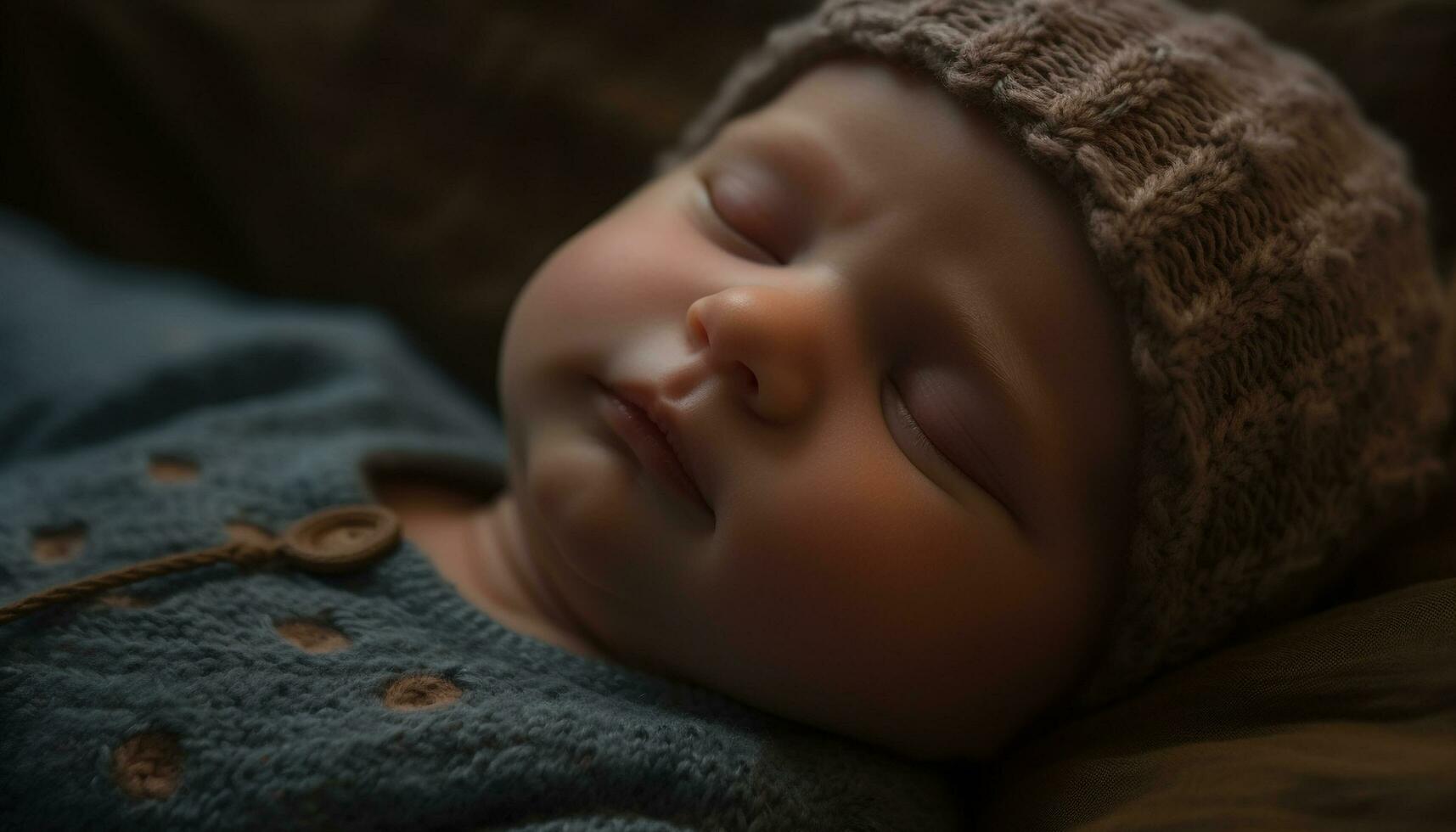 Cute newborn boy sleeping peacefully wrapped in soft knit blanket generated by AI photo