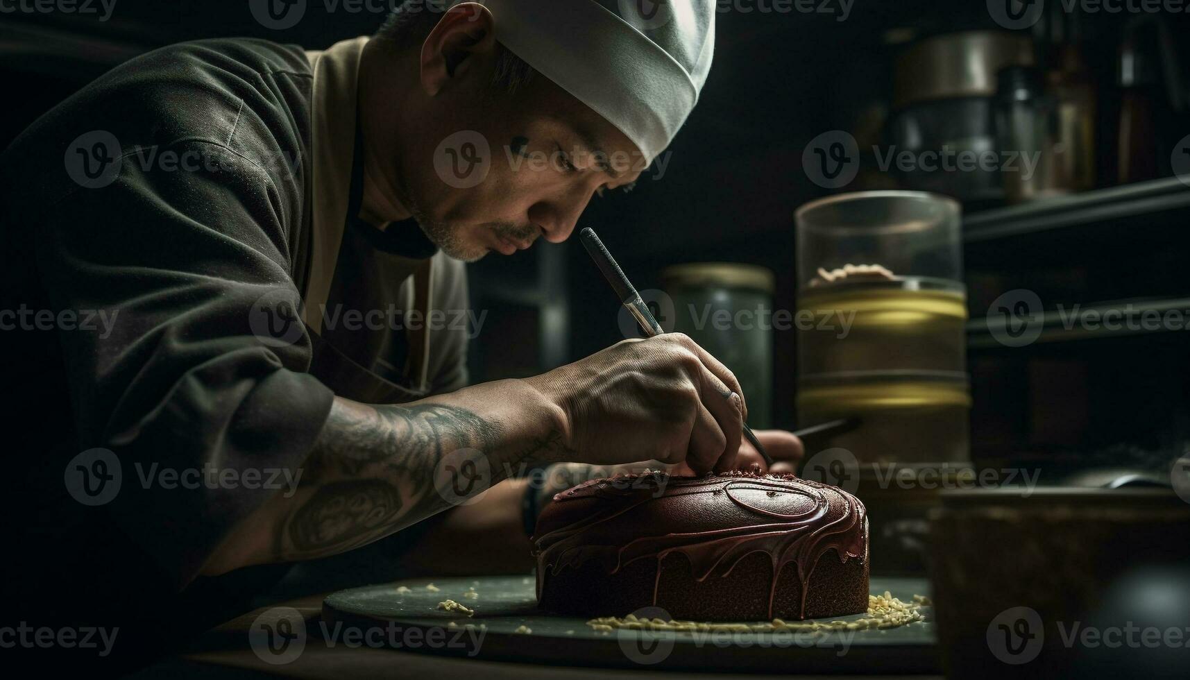 One man making chocolate dessert, holding work tool indoors generated by AI photo