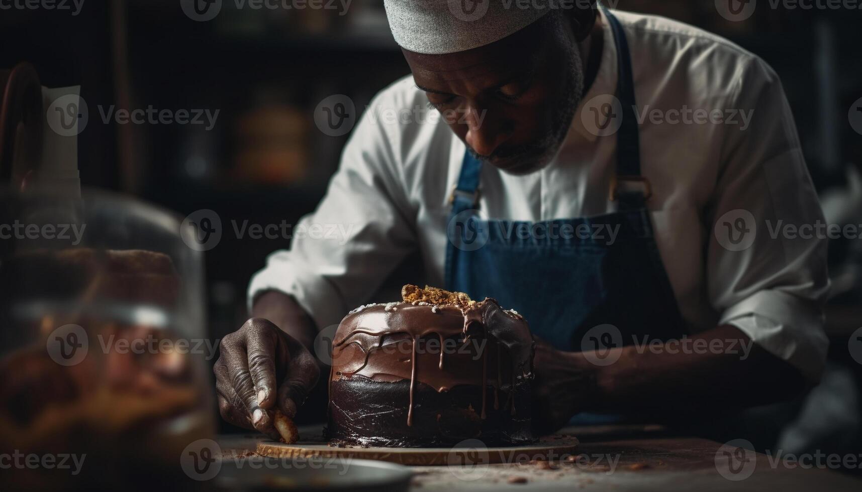 uno hombre haciendo hecho en casa chocolate postre en comercial cocina generado por ai foto