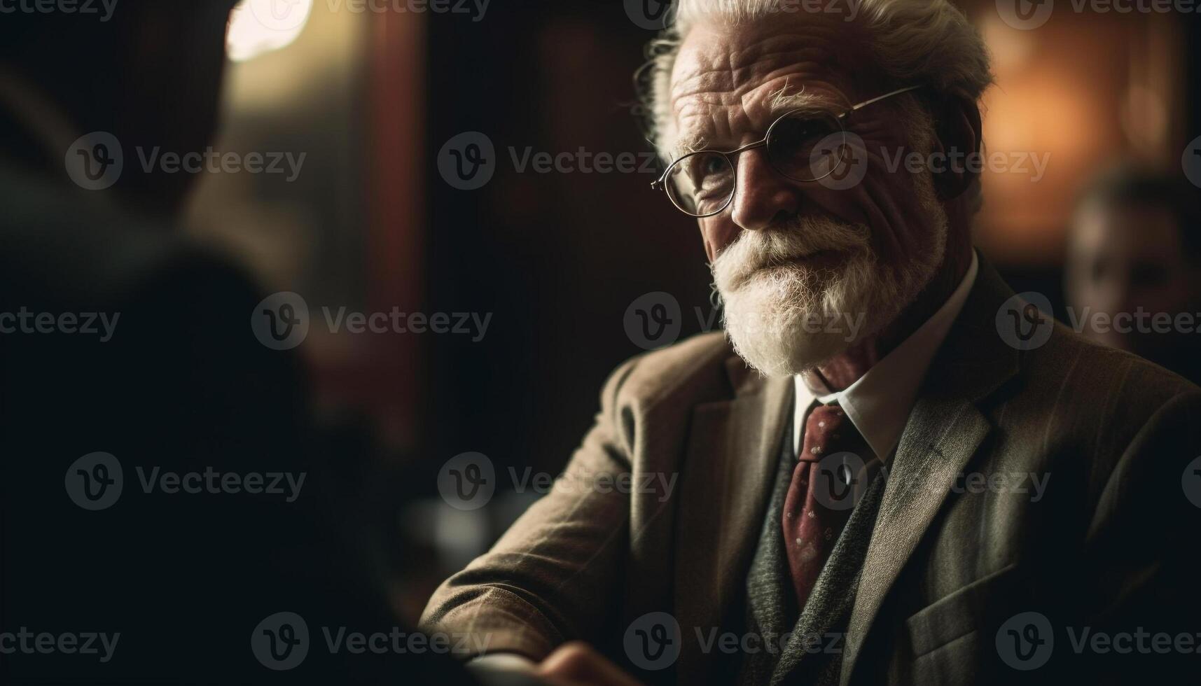 Confident senior businessman with gray hair and eyeglasses smiling indoors generated by AI photo