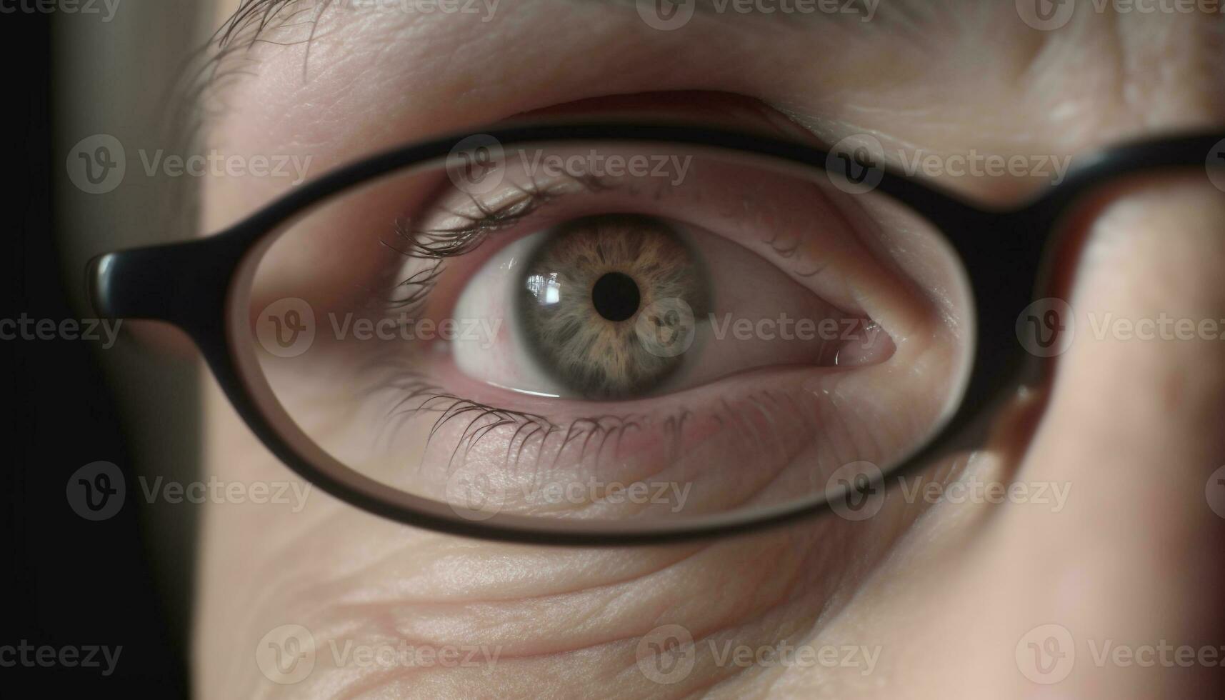 Close up portrait of caucasian adult staring through eyeglasses lens generated by AI photo