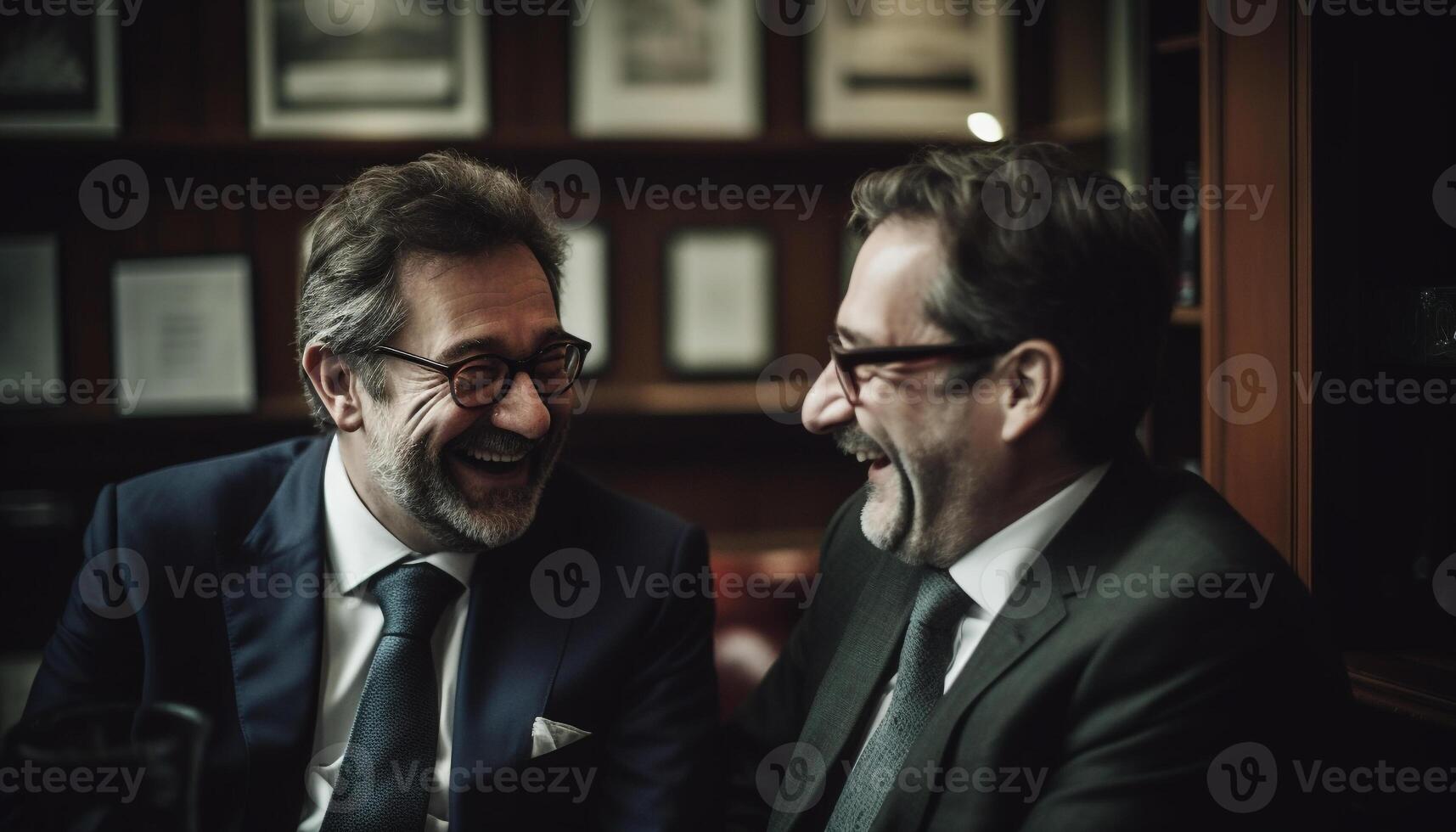 Two successful businessmen in elegant suits discussing corporate business strategy generated by AI photo
