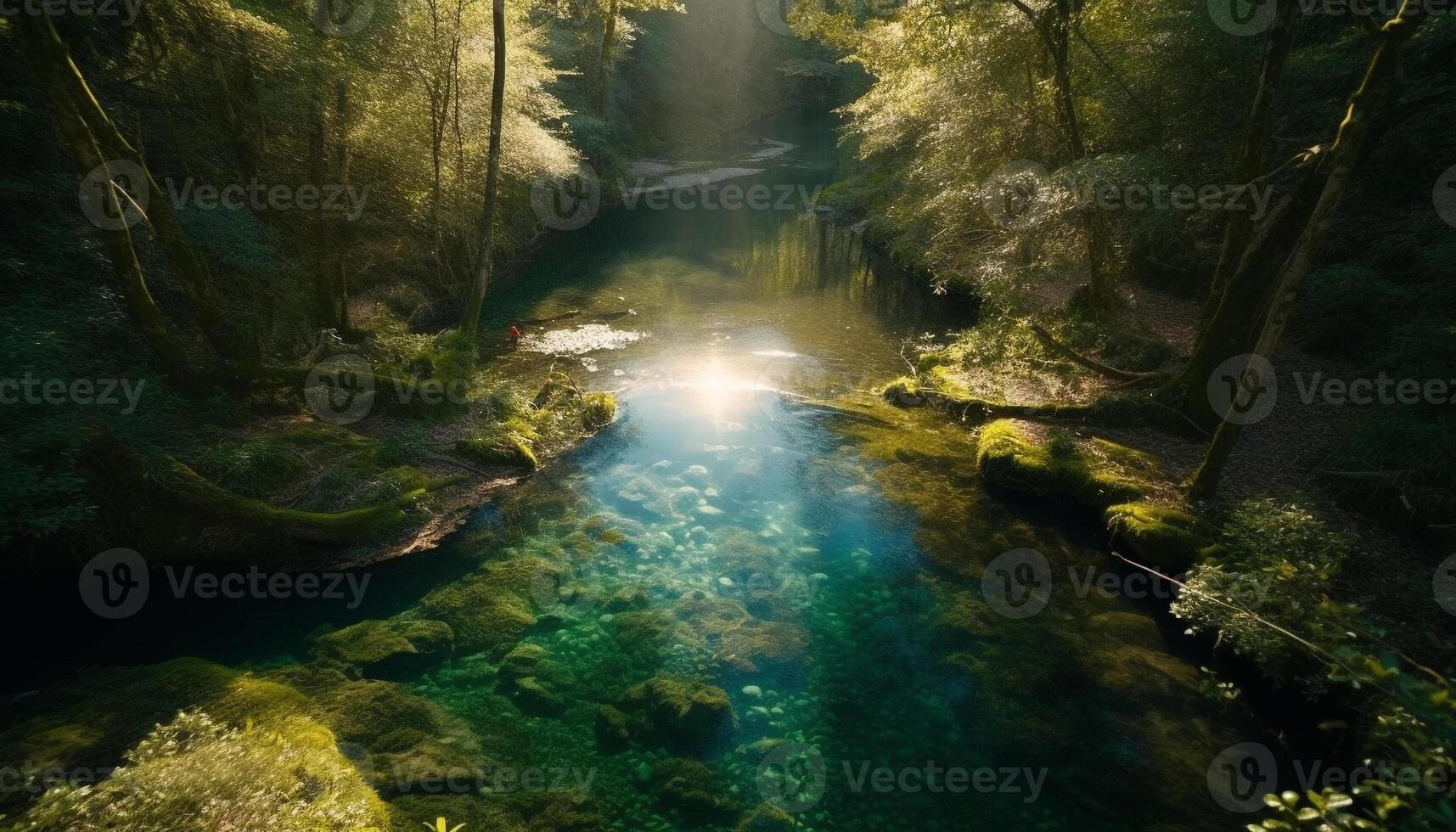 Tranquil scene of a mountain cliff with flowing water and green foliage generated by AI photo