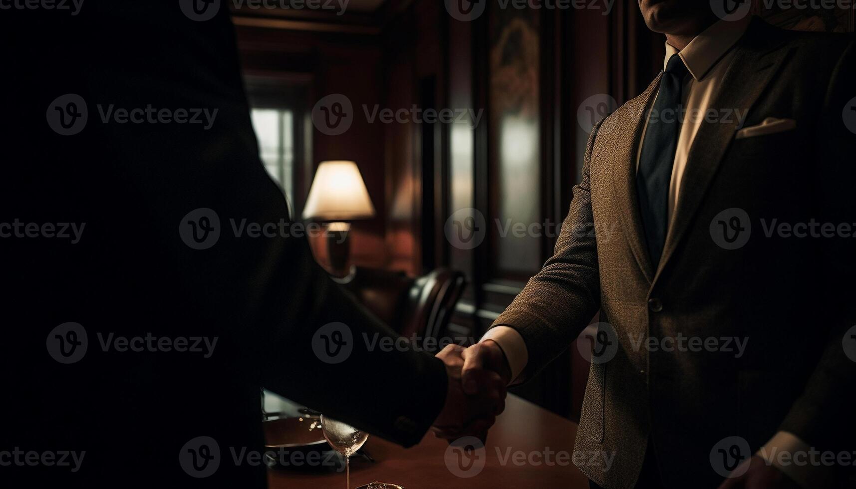 Two businessmen in suits shaking hands in a modern office generated by AI photo