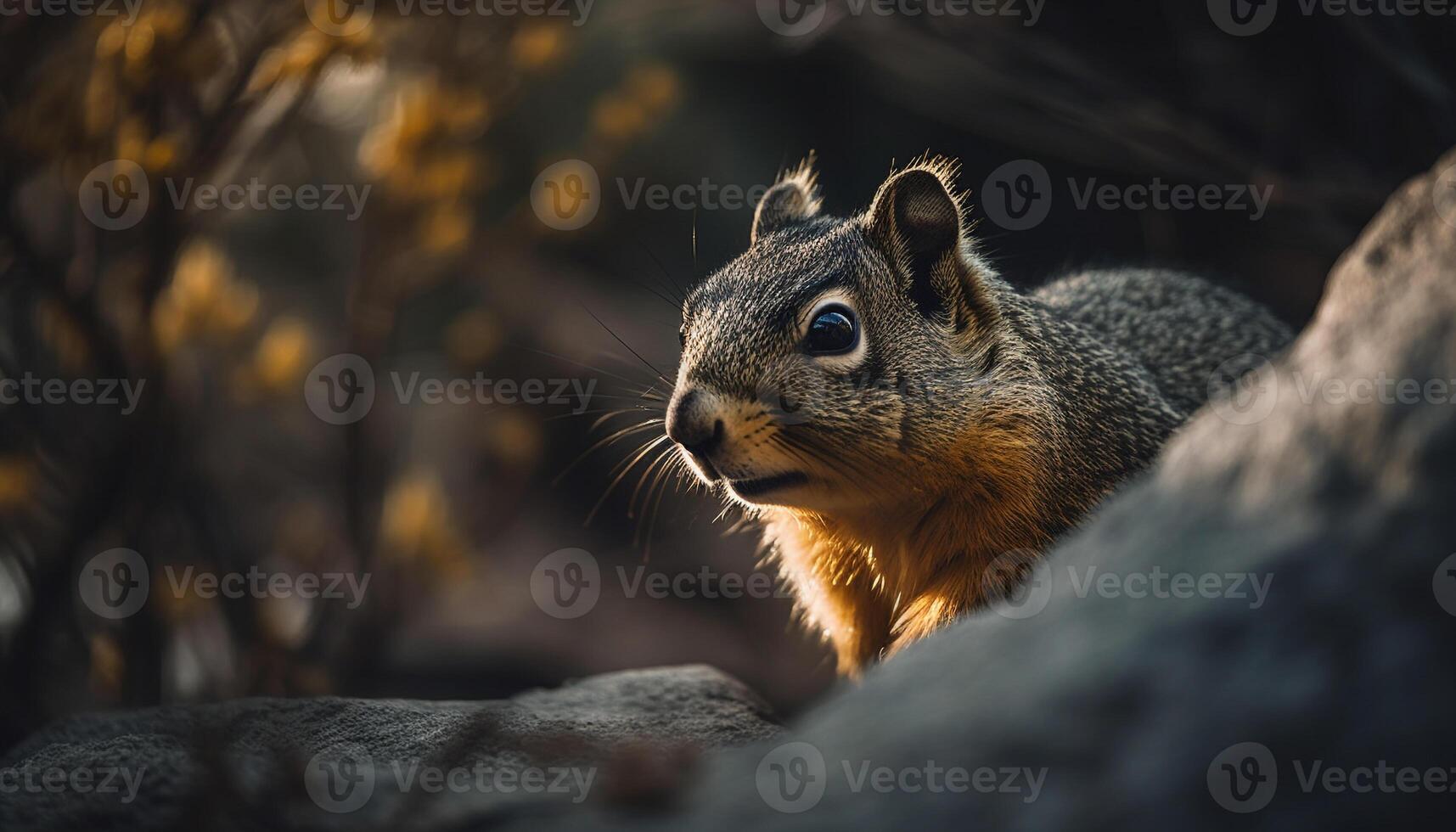 Fluffy mammal sitting on tree, eating grass in autumn forest generated by AI photo