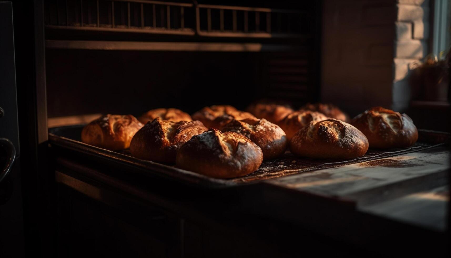 Freshly baked homemade bread on rustic wooden table indoors generated by AI photo