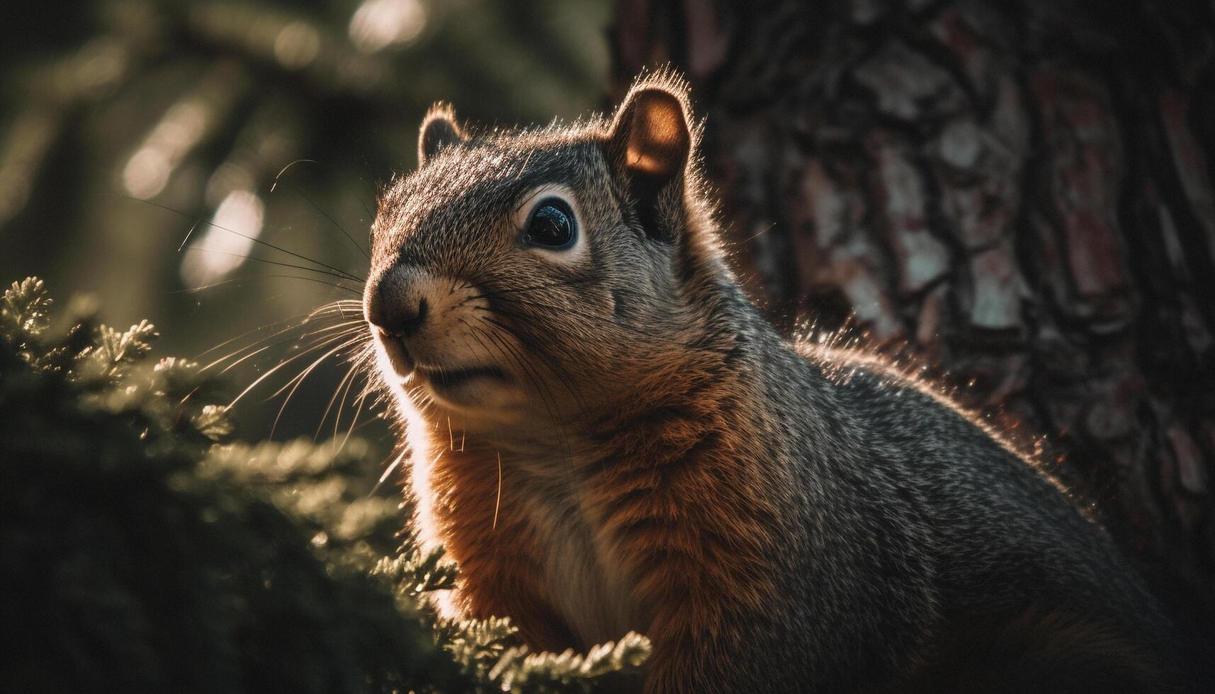 Small furry rodent sitting on branch, looking at camera generated by AI photo