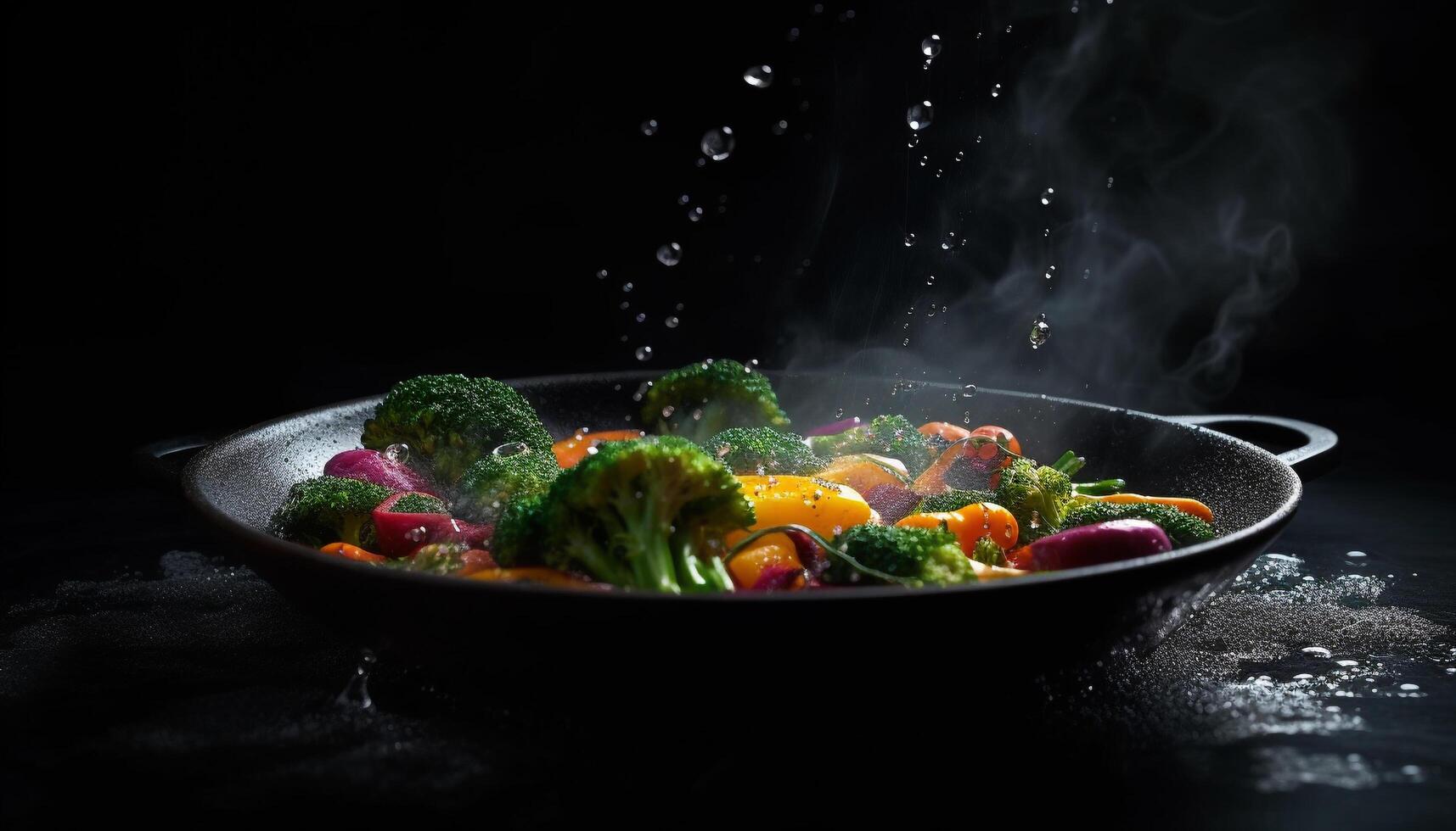 Healthy vegetarian lunch with fresh broccoli, tomato, carrot, and bell pepper salad generated by AI photo