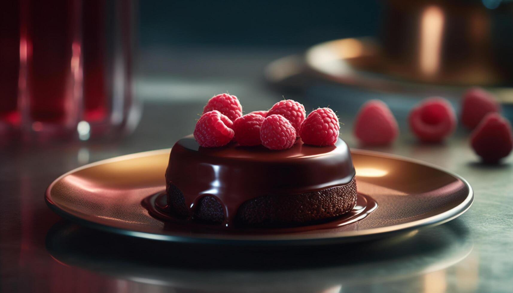 Indulgent gourmet dessert plate with fresh berry fruit and chocolate generated by AI photo