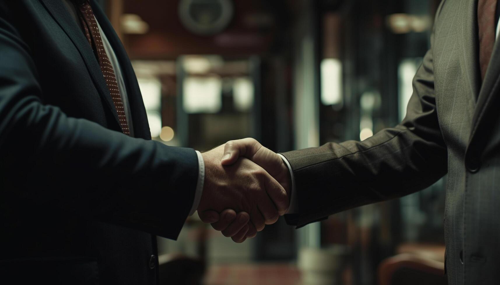 Successful businessmen in suits shaking hands in corporate agreement generated by AI photo