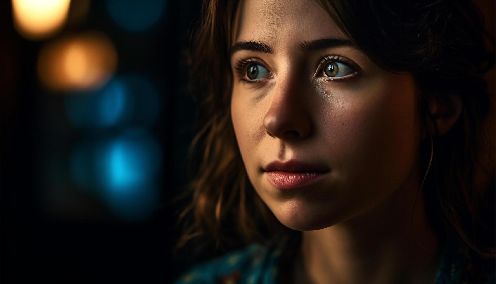 Beautiful young woman with brown hair smiling at camera indoors generated by AI photo