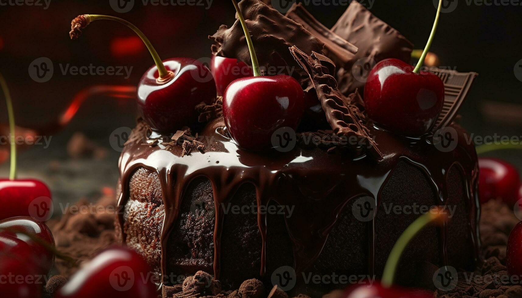 Indulgent chocolate cheesecake with fresh berry decoration on wooden table generated by AI photo