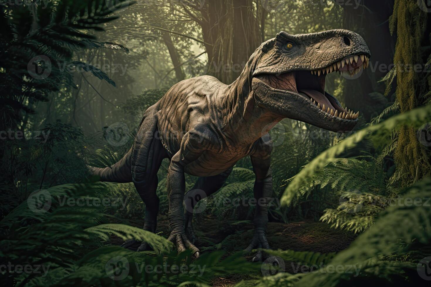 Tyrannosaurus Rex standing in a lush jungle with tall trees and ferns. photo