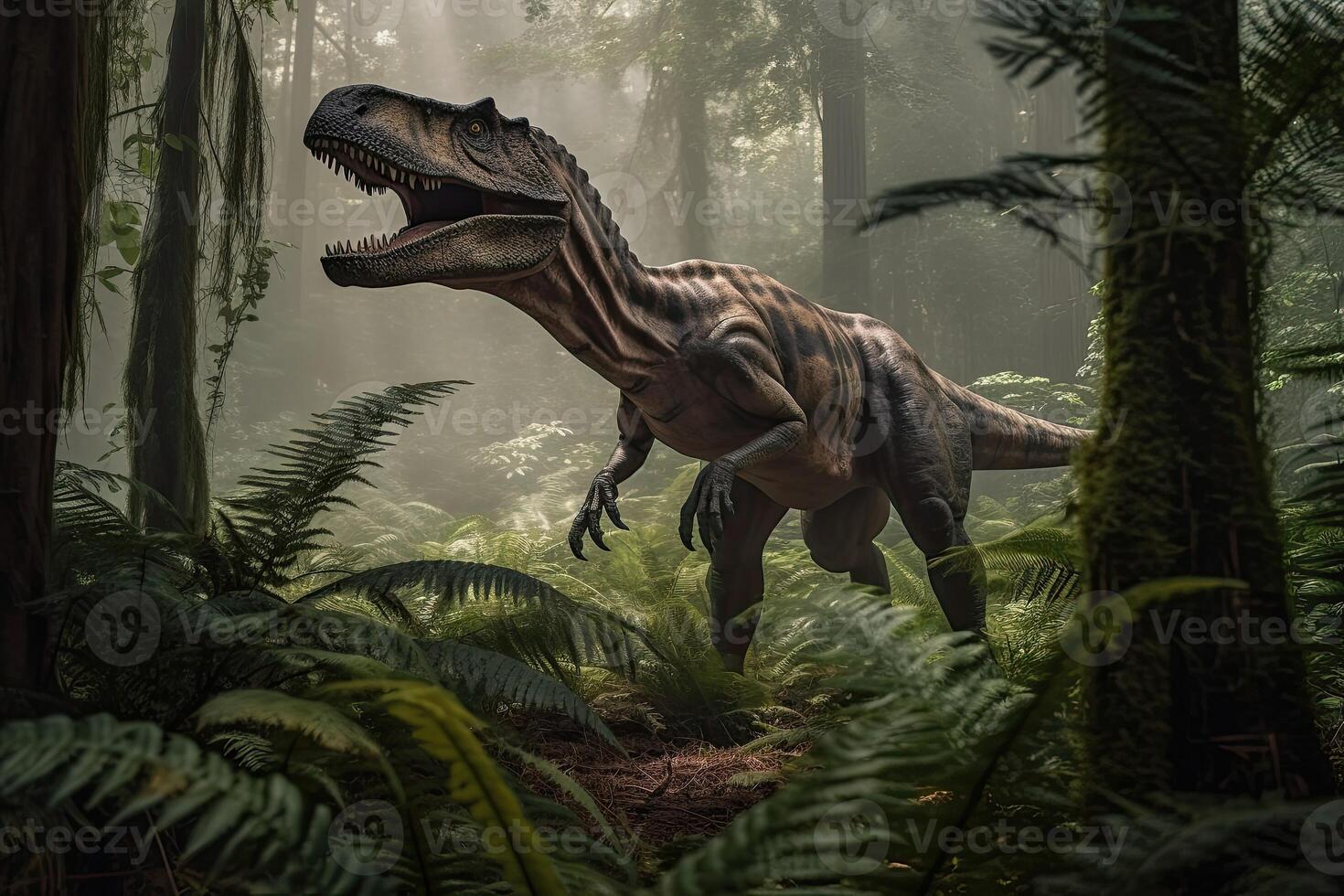 AI Generated Tyrannosaurus Rex standing in a lush jungle with tall trees and ferns. photo