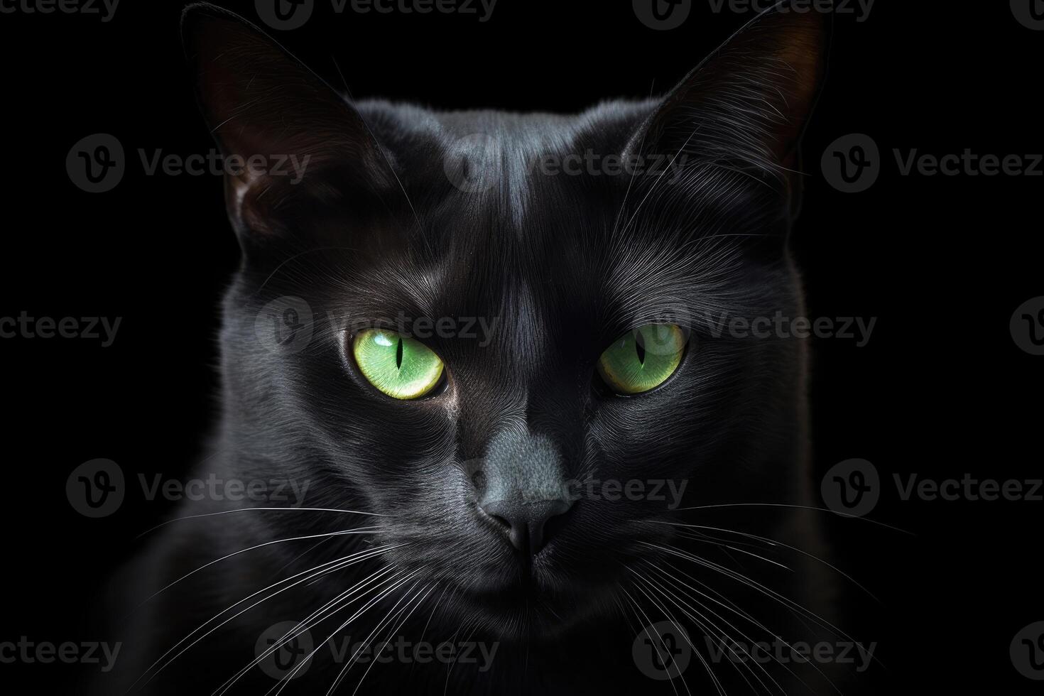 ai generado minimalista retrato de un pulcro negro gato, con perforación verde ojos y sutil oscuridad. foto