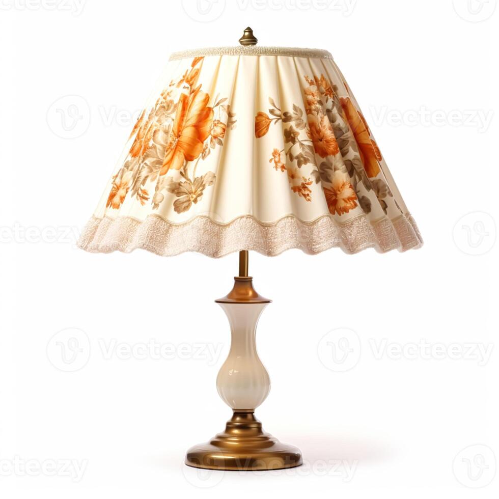 Vintage country style antique table lamp with a beautiful lampshade design isolated on white background, interior design and cottage home decor, post-processed, photo