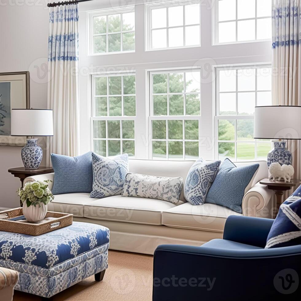 Interior design, living room decor and house improvement, furniture, sofa, home decor, white and blue textiles, country cottage lounge style, photo