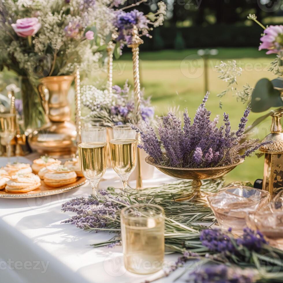 postre buffet mesa, comida abastecimiento para boda, fiesta fiesta celebracion, lavanda decoración, pasteles y postres en un país jardín, generativo ai foto