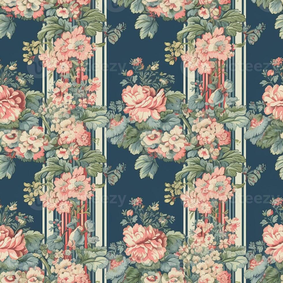 sin costura modelo con flores, clásico país cabaña estilo floral y rayas impresión para fondo de pantalla, tela y producto diseño, generativo ai foto