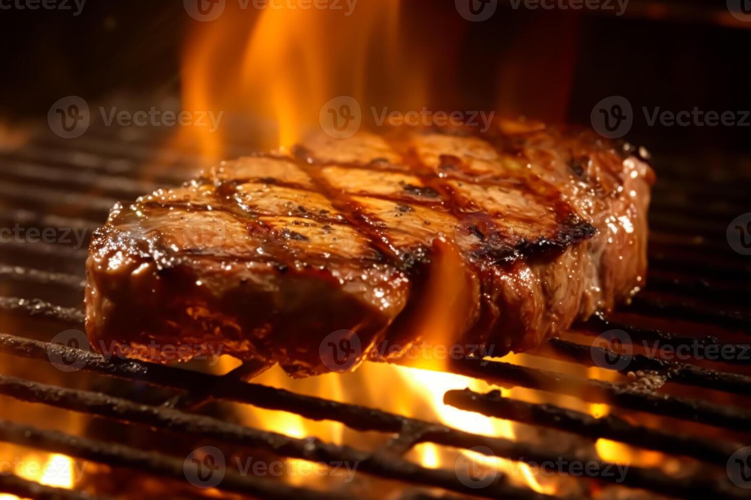 Meat beef steak grilled on fire, food bbq and hot grill, photo