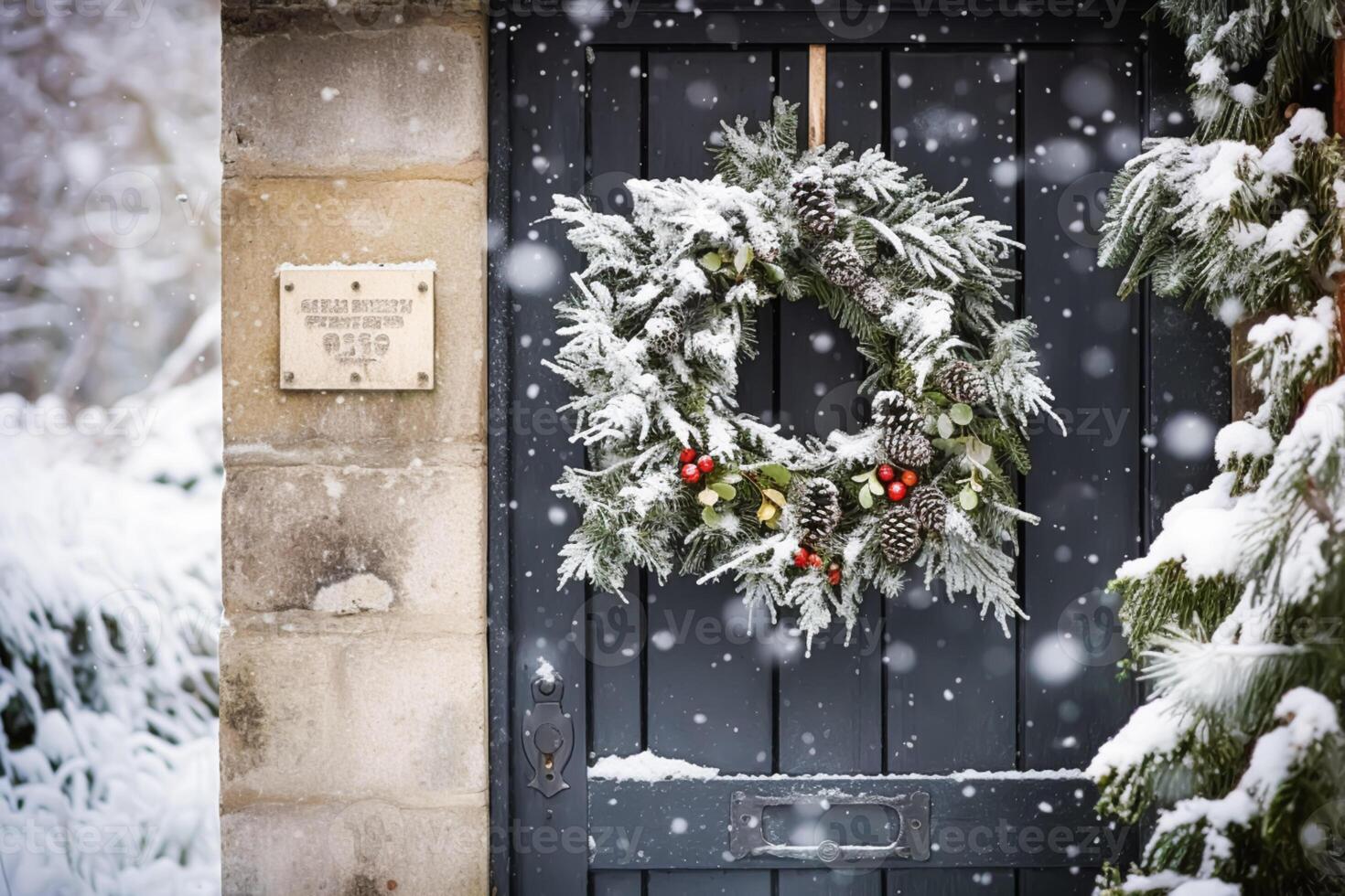 Christmas holiday, country cottage and snowing winter, wreath decoration on a door, Merry Christmas and Happy Holidays wishes, photo